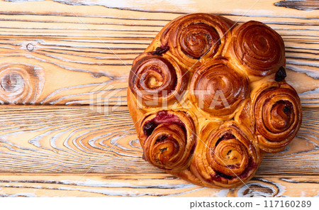 Homemade cake pie roll with cherry . Food background Homemade cake pie roll with cherry . Food background 117160289