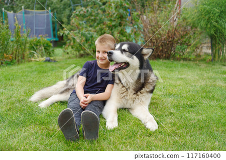 A boy with a dog on a green grass meadow A boy with a dog on a green grass meadow 117160400