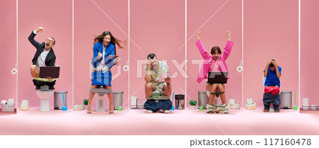 Five fans on toilets, cheering man, excited woman, frustrated man, victorious woman, and a disappointed boy, all showing various emotions during game. Collage Five fans on toilets, cheering man, excited woman, frustrated man, victorious woman, and a disappointed boy, all showing various emotions during game. Collage 117160478