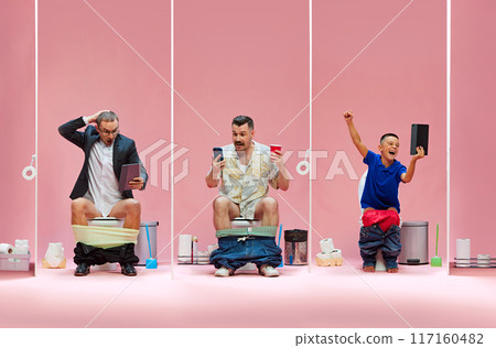 Three fans on toilets, surprised businessman with tablet, man with drink and phone in Hawaiian shirt, and cheering boy, all immersed in excitement of game. Three fans on toilets, surprised businessman with tablet, man with drink and phone in Hawaiian shirt, and cheering boy, all immersed in excitement of game. 117160482