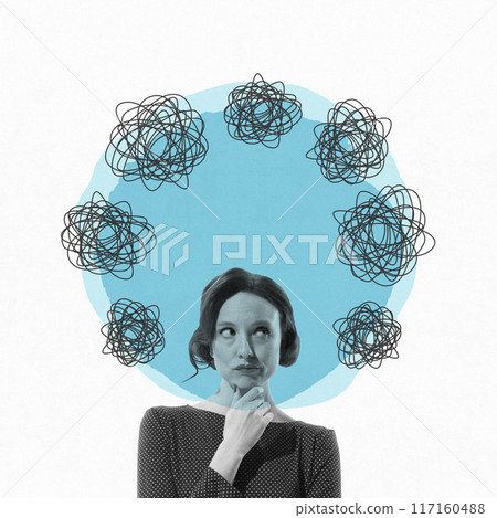 Woman with tangled thoughts flying around head, symbolizing confusion and contemplation. Search for clarity. Contemporary art collage. Woman with tangled thoughts flying around head, symbolizing confusion and contemplation. Search for clarity. Contemporary art collage. 117160488
