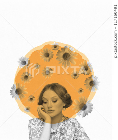 Elegant young woman and blossoms of flowers, symbolizing peace and inner beauty. Connection with nature. Contemporary art collage. Elegant young woman and blossoms of flowers, symbolizing peace and inner beauty. Connection with nature. Contemporary art collage. 117160491