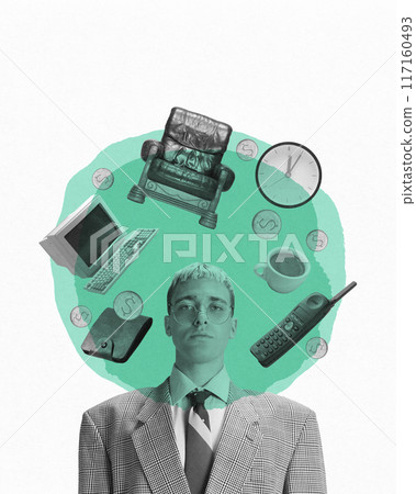 Man in formal wear standing with elements of corporate life, money, time, technology, and comfort. Focus on career. Contemporary art collage. Man in formal wear standing with elements of corporate life, money, time, technology, and comfort. Focus on career. Contemporary art collage. 117160493