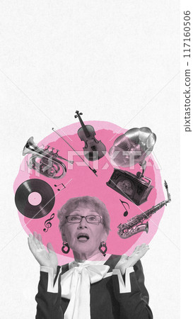 Elderly woman surrounded buy various music instruments. Joy and passion for music, music teacher. Contemporary art collage. Elderly woman surrounded buy various music instruments. Joy and passion for music, music teacher. Contemporary art collage. 117160506
