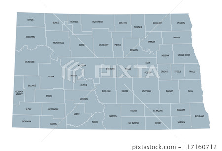 North Dakota, U.S. state subdivided into 53 counties, gray political map with borders and county names. State in the Upper Midwest region of United States, nicknamed Peace Garden and Roughrider State. 117160712