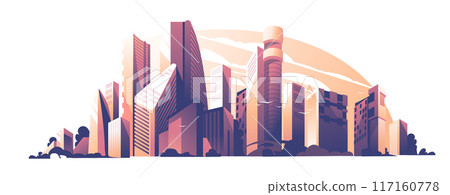 Sunset among skyscrapers. Panorama of tall buildings. Evening or morning pink and orange light. Vector illustration Sunset among skyscrapers. Panorama of tall buildings. Evening or morning pink and orange light. Vector illustration 117160778