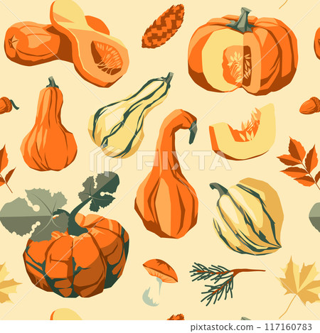 Pumpkin pattern. Autumn holiday season. Harvest, Thanksgiving and Halloween. Vector flat illustration 117160783