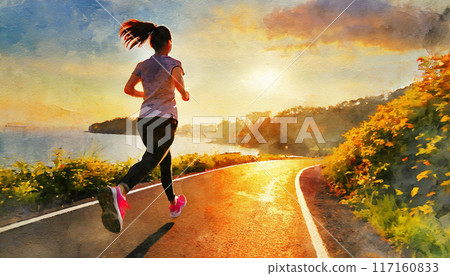 一個女人沿著海邊的道路慢跑的後視圖。夕陽的照耀下。水彩風格圖像。 117160833