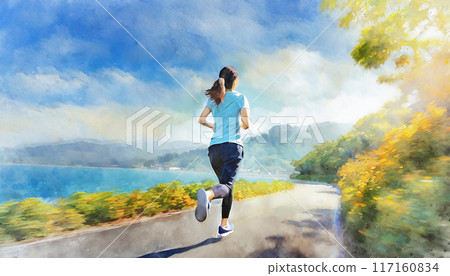 Back view of a woman jogging along a road by the sea. Watercolor style image. 117160834