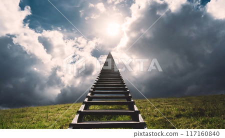 通往成功的階梯的形象。一條無盡的階梯從山坡草甸通往天空。 通往成功的階梯的形象。一條無盡的階梯從山坡草甸通往天空。 117160840