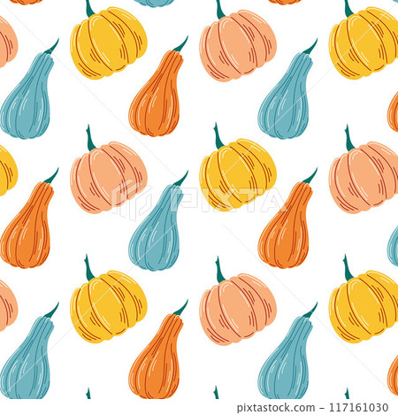 Ripe pumpkin seamless pattern in flat style. Autumn vegetable design for Halloween, food store. Vector illustration on a white background. Ripe pumpkin seamless pattern in flat style. Autumn vegetable design for Halloween, food store. Vector illustration on a white background. 117161030