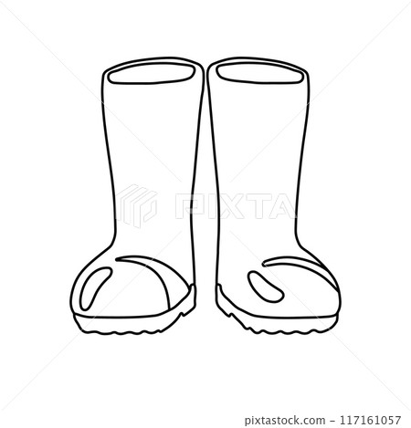 Rubber rain boots in a front view outline doodle sketch. Isolated vector illustration 117161057