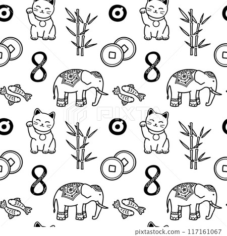 Good Luck Symbols Seamless Pattern. Asian talismans and charms contour vector background. Symbols of success and prosperity Good Luck Symbols Seamless Pattern. Asian talismans and charms contour vector background. Symbols of success and prosperity 117161067