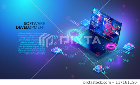 Software, web development, programming concept. Programming languages, program code on screen laptop. Laptop, computer icons. Technology of Software development, programming, coding on laptop. 117161150
