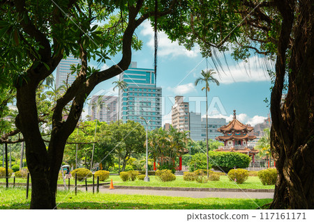 228 Peace Memorial Park and city view in Taipei, Taiwan 117161171