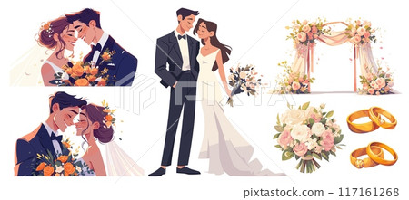 wedding. groom bride wedding dress bouquet arch flowers floral wedding rings. vector flat illustration set 117161268