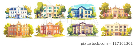 school facade set. building educational institution institute learning education knowledge school. vector illustration 117161301