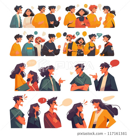 group of people conflict. man team scream emotions anger quarrel dispute. vector illustration flat 117161381