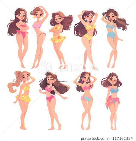 girls in swimsuits set. summer beach full length pose posing. vector cartoon illustration girls in swimsuits set. summer beach full length pose posing. vector cartoon illustration 117161384