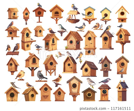 birdhouses flat icons set. Small wooden bird house. Vintage pigeon feeder. Winter shelter. vector illustration birdhouses flat icons set. Small wooden bird house. Vintage pigeon feeder. Winter shelter. vector illustration 117161511