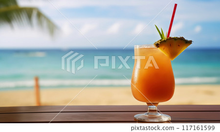 Mai Tai cocktail on background with blue sea and sky tropical background. Generative AI Mai Tai cocktail on background with blue sea and sky tropical background. Generative AI 117161599