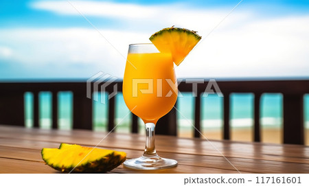 Mango Daiquiri cocktail on background with blue sea and sky tropical background. Generative AI 117161601