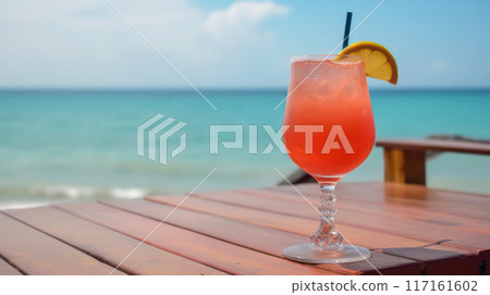 Paloma cocktail on background with blue sea and sky tropical background. Generative AI Paloma cocktail on background with blue sea and sky tropical background. Generative AI 117161602