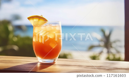 Rum Runner cocktail on background with blue sea and sky tropical background. Generative AI Rum Runner cocktail on background with blue sea and sky tropical background. Generative AI 117161603
