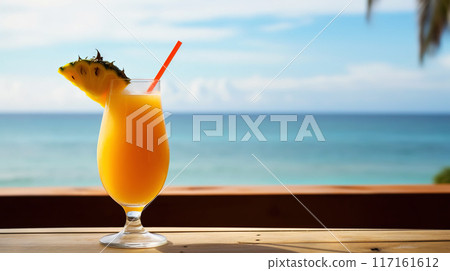 Sweet Mama cocktail on background with blue sea and sky tropical background. Generative AI 117161612
