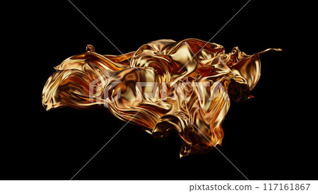 3d render floating golden silk curls against a black background 117161867
