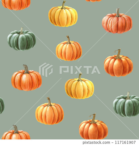 Autumn mood bright pumpkin seamless pattern. Watercolor painted illustration. Painted different autumn ripe pumpkins decor. Thanksgiving collection seamless pattern in warm colors on green background 117161907