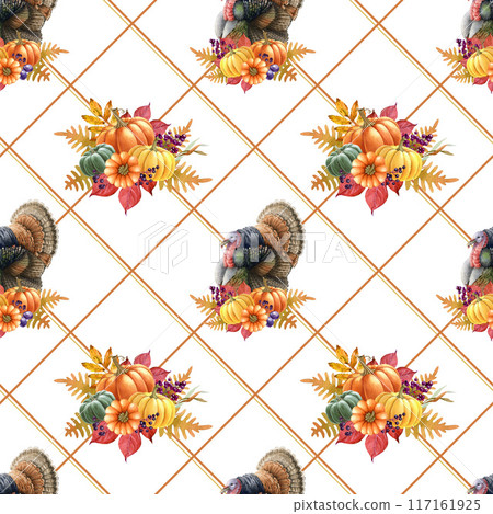 Thanksgiving decor seamless pattern. Vintage style painted illustration. Autumn season decor with turkey bird, pumpkins, geometric elements. Thanksgiving seamless pattern on white background 117161925