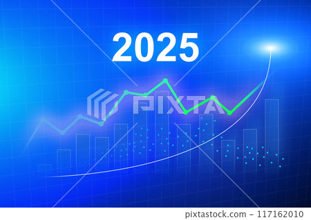 A blue background with a graph showing a line going up, 2025 concept 117162010