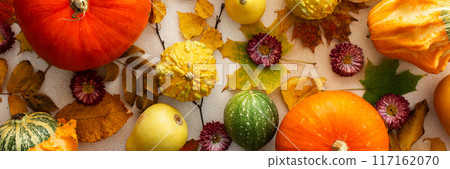 Background of various pumpkins and fallen leaves Background of various pumpkins and fallen leaves 117162070