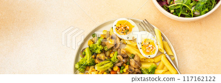 Pasta with fried mushrooms and broccoli, green peas and corn, fresh mix salad Pasta with fried mushrooms and broccoli, green peas and corn, fresh mix salad 117162122