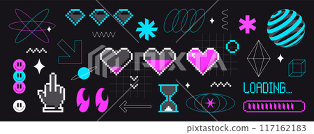 Pixel art arrows, smiles, love hearts, geometric abstract figures and rave retro futuristic elements 117162183