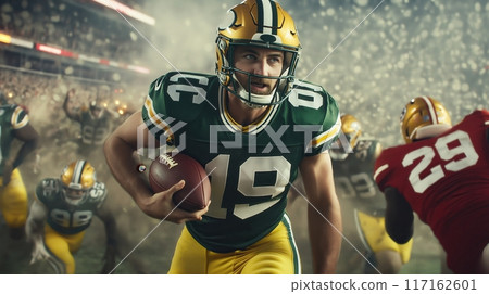 Focus on man, American football player in green and yellow uniform standing with ball on stadium with blurred people, opponents on background. Focus on man, American football player in green and yellow uniform standing with ball on stadium with blurred people, opponents on background. 117162601