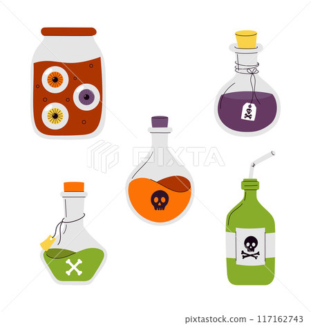 A collection of different bottles with skulls and crossbones 117162743