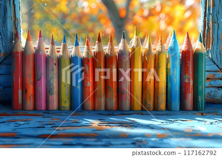 Bright and Colorful Autumn-Themed Pencils on Distressed Wooden Surface - Vibrant Art Supplies for Creative Projects Generative AI 117162792