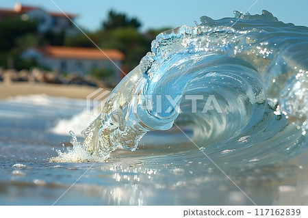 Dramatic Ocean Wave at Sandy Beach with Coastal Homes in Background - Ideal for Posters, Wall Art, and Beach-themed Decor Generative AI 117162839