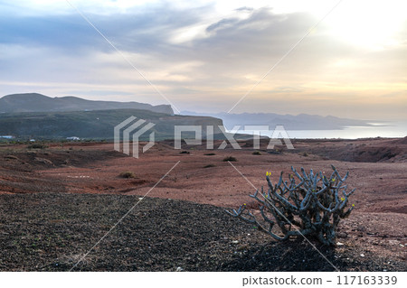 Sunset over the landscape around Mirador del Rio on the island of Lanzarote, Canary Islands 117163339