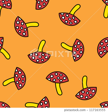 Seamless Pattern with Mushroom Fly Agaric. Red Mushroom with White Spots. Toxic Mushroom Repeating Background. Seamless Pattern with Mushroom Fly Agaric. Red Mushroom with White Spots. Toxic Mushroom Repeating Background. 117163555