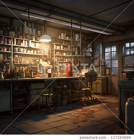 Retro Laboratory Interior with Organized Shelves and Scientific Instruments 117163694