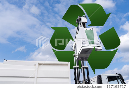 Garbage truck lifts street bin for recyclable waste Garbage truck lifts street bin for recyclable waste 117163717