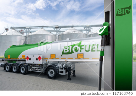 Fuel nozzle with inscription BIO on a background of tank trailer with biofuel. Carbon neutral bio fuel decarbonization concept 117163740