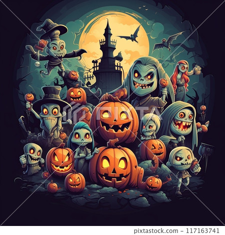 Various Halloween Characters with Pumpkins and a Haunted House in the Background Various Halloween Characters with Pumpkins and a Haunted House in the Background 117163741