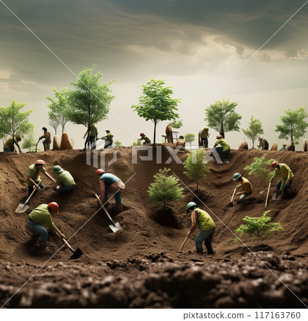 Community Planting Trees in Barren Land with Dramatic Sky, Symbolizing Hope for a Green Future 117163760