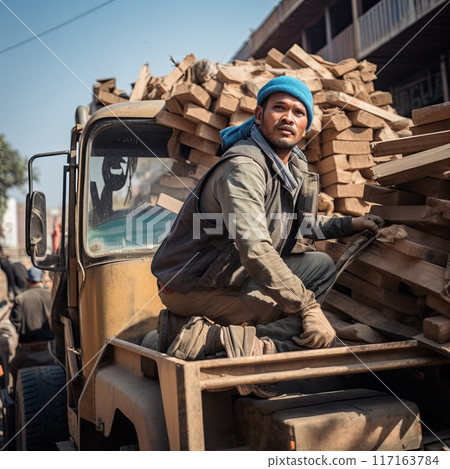 A man crouches on the back of a truck full of firewood in transit A man crouches on the back of a truck full of firewood in transit 117163784