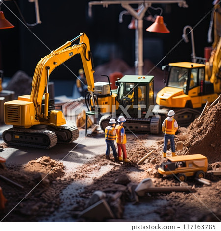 Construction workers at site with excavator, bulldozer, and dump truck. 117163785