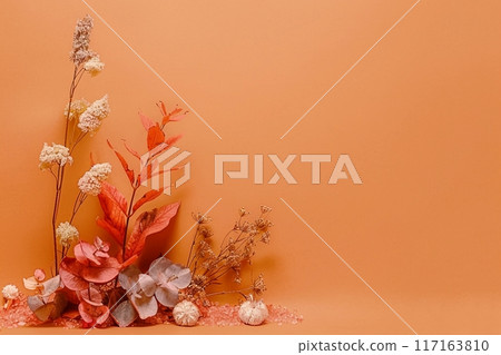 Autumn composition of dried flowers on orange background with copy space. Autumn card thanksgiving, fall decoration 117163810